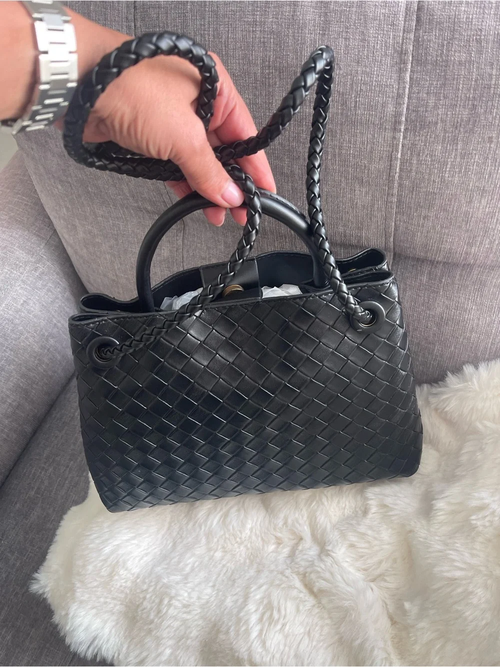 Black Woven tote bag Women’s  Leather shoulder bag Top-Handle purse New